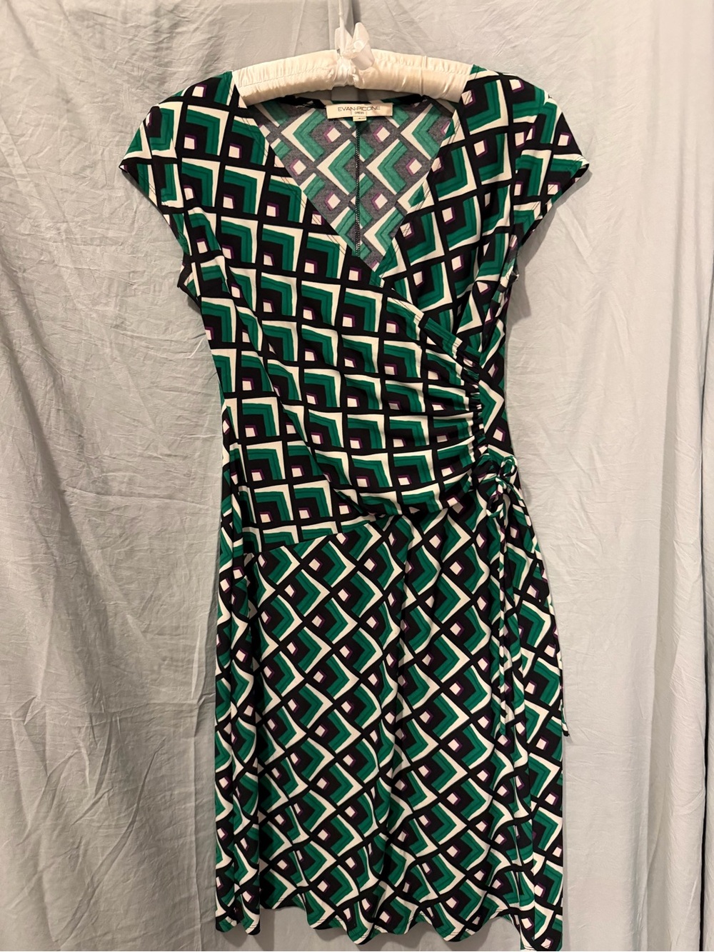 Evan Picone Green Black White Geometric Wrap-Style Dress